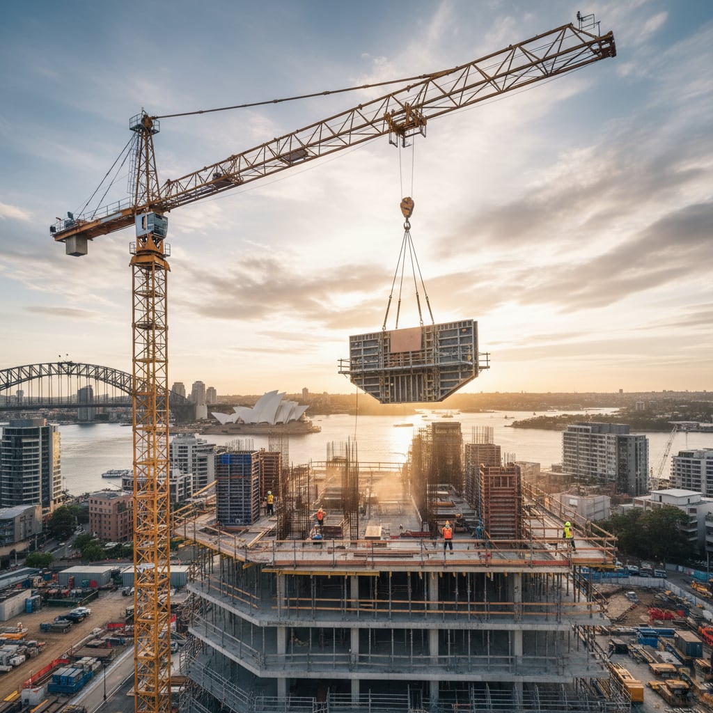 Crane lifting formwork panels at a Sydney construction site
